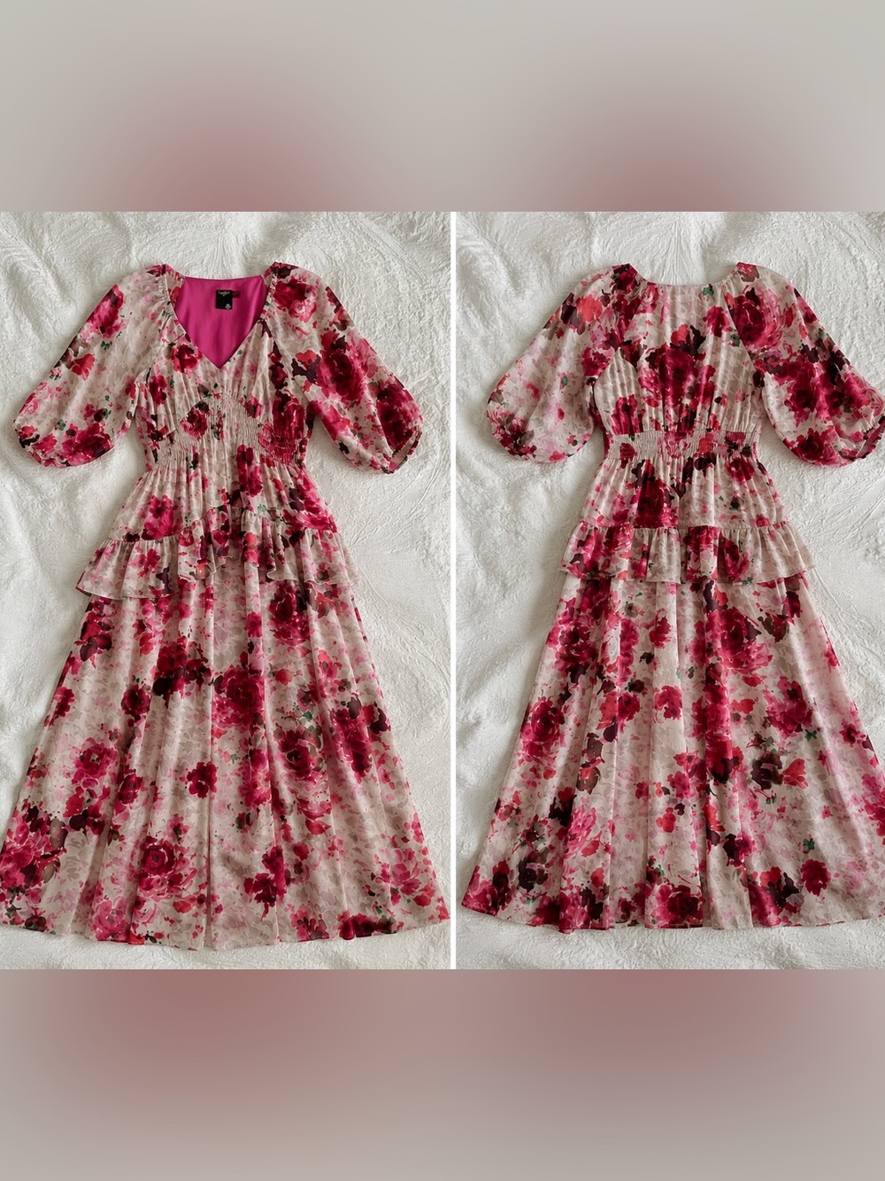 Floral Midi Dress Roses Smocked Waist Feminine Romantic Cottagecore Euro Summer - Picture 13 of 16
